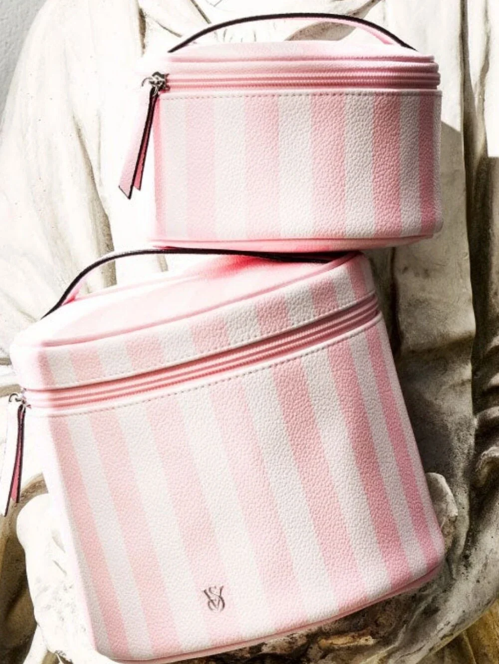 Victoria's Secret Pink Striped Cosmetic Storage Case Set Of 2 Makeup Bags